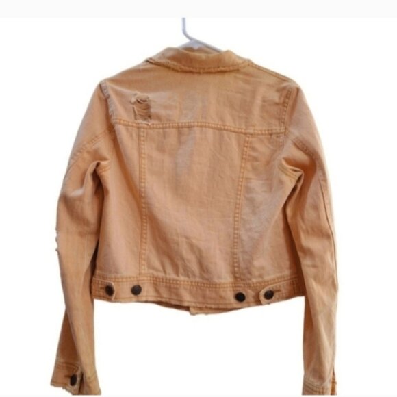 Free People Cotton Yellow Mustard  Distressed  Denim Jean Jacket Sz 8 - Picture 4 of 6